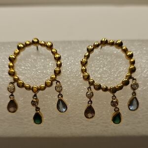 925 LD China Signed Colored & Clear Rhinestone Goldtone Pierced Earrings